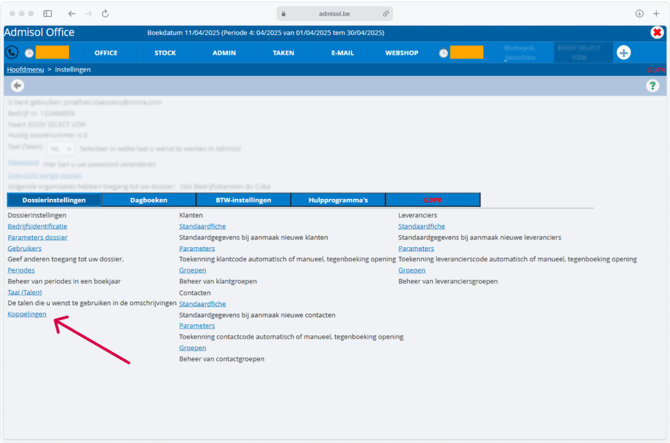 Klik op de "koppelingen"  optie onder de tab "dossierinstellingen".