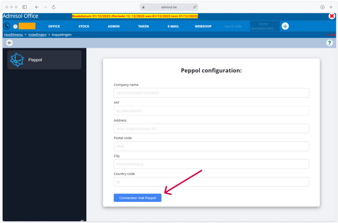 Klik op de "connecteer met Peppol" knopw in the configuratie scherm.